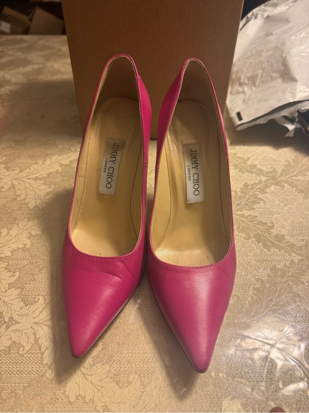 Breathtaking auth Jimmy Choo Hot Pink Leather Pointed Toe Pumps Heels 37.5 + COA - Picture 2 of 9
